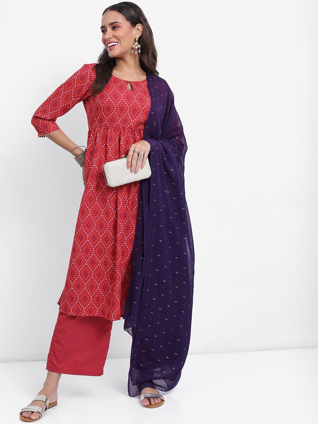 

Vishudh Women Red & Violet Geometric Printed Empire Kurta With Palazzos & Dupatta