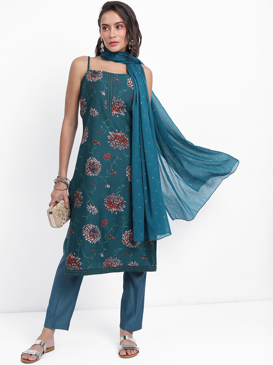 Vishudh Teal Blue & Red Floral Printed Regular Kurta With Trousers & Dupatta