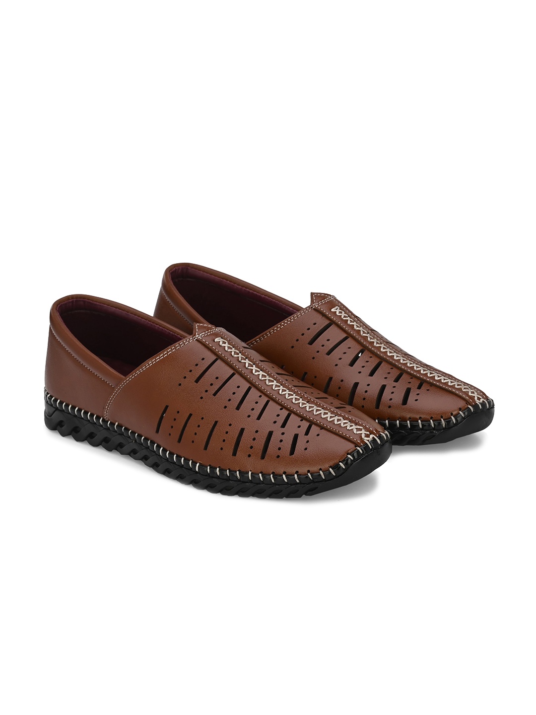 Azzaro Black Men Laser-Cuts Lightweight Slip On Sneakers, Tan