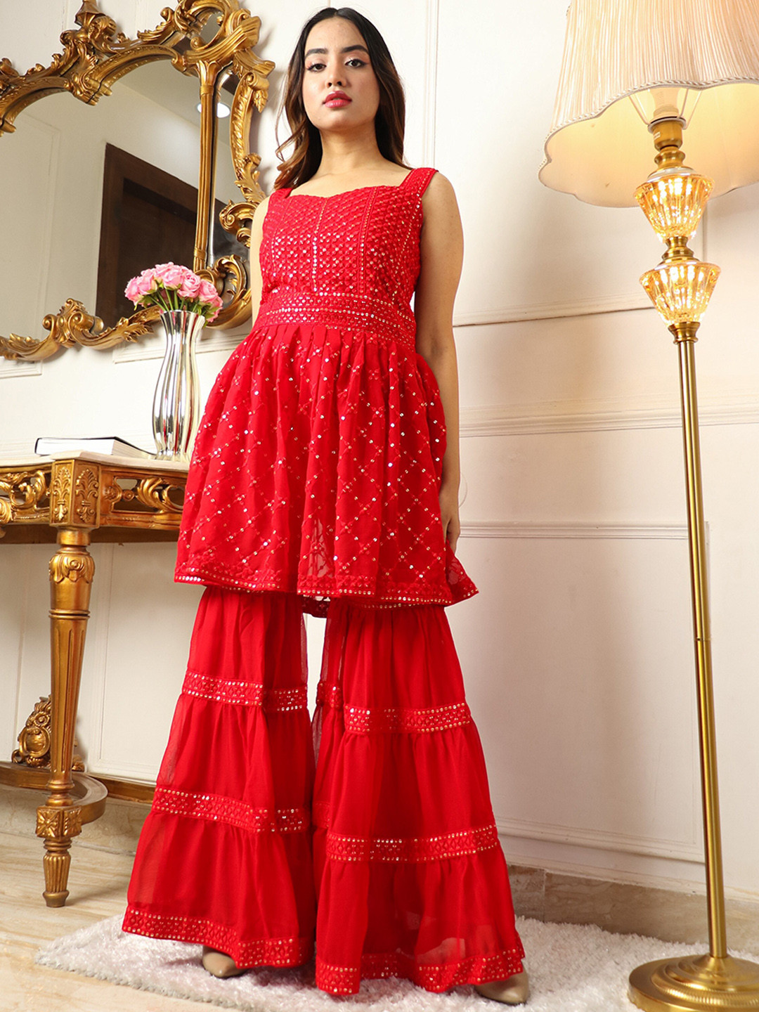 

Vidraa Western Store Floral Embroidered Anarkali Kurti & Sharara With Dupatta, Red