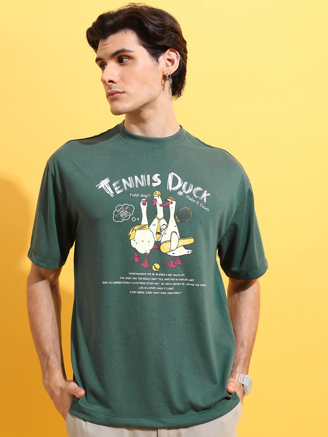 

HIGHLANDER Olive Green Graphic Printed Drop Shoulder Sleeves Oversized T-Shirt