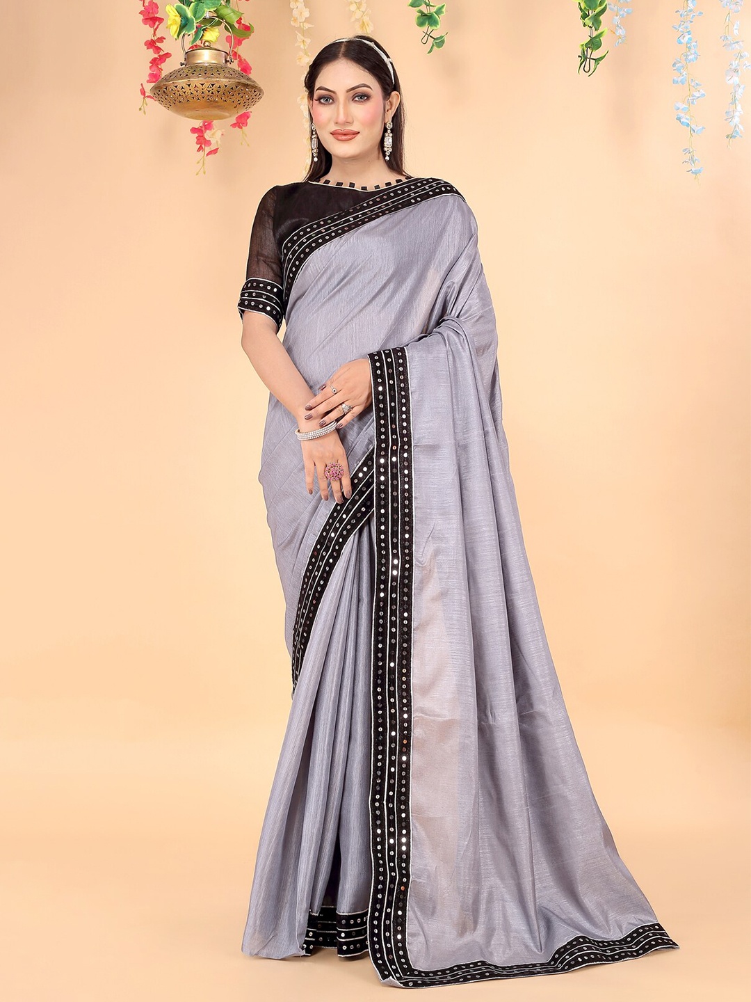 

KALINI Sequinned Art Silk Saree, Grey