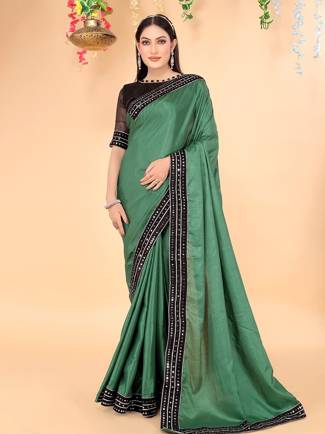 

KALINI Sequinned Art Silk Saree, Green