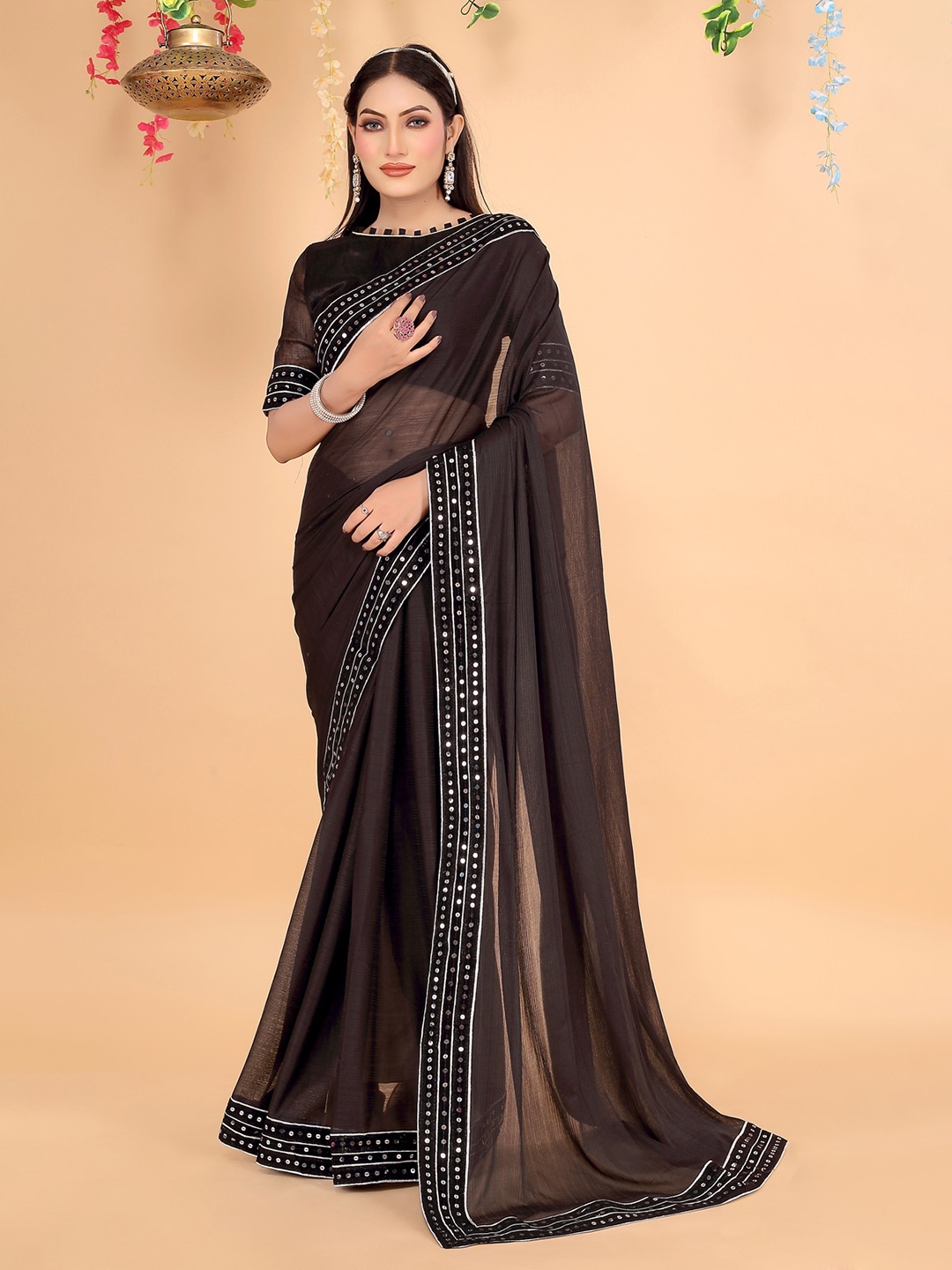 

KALINI Sequinned Art Silk Saree, Black