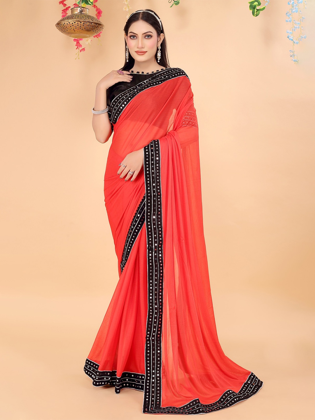 KALINI Sequinned Art Silk Saree, Red