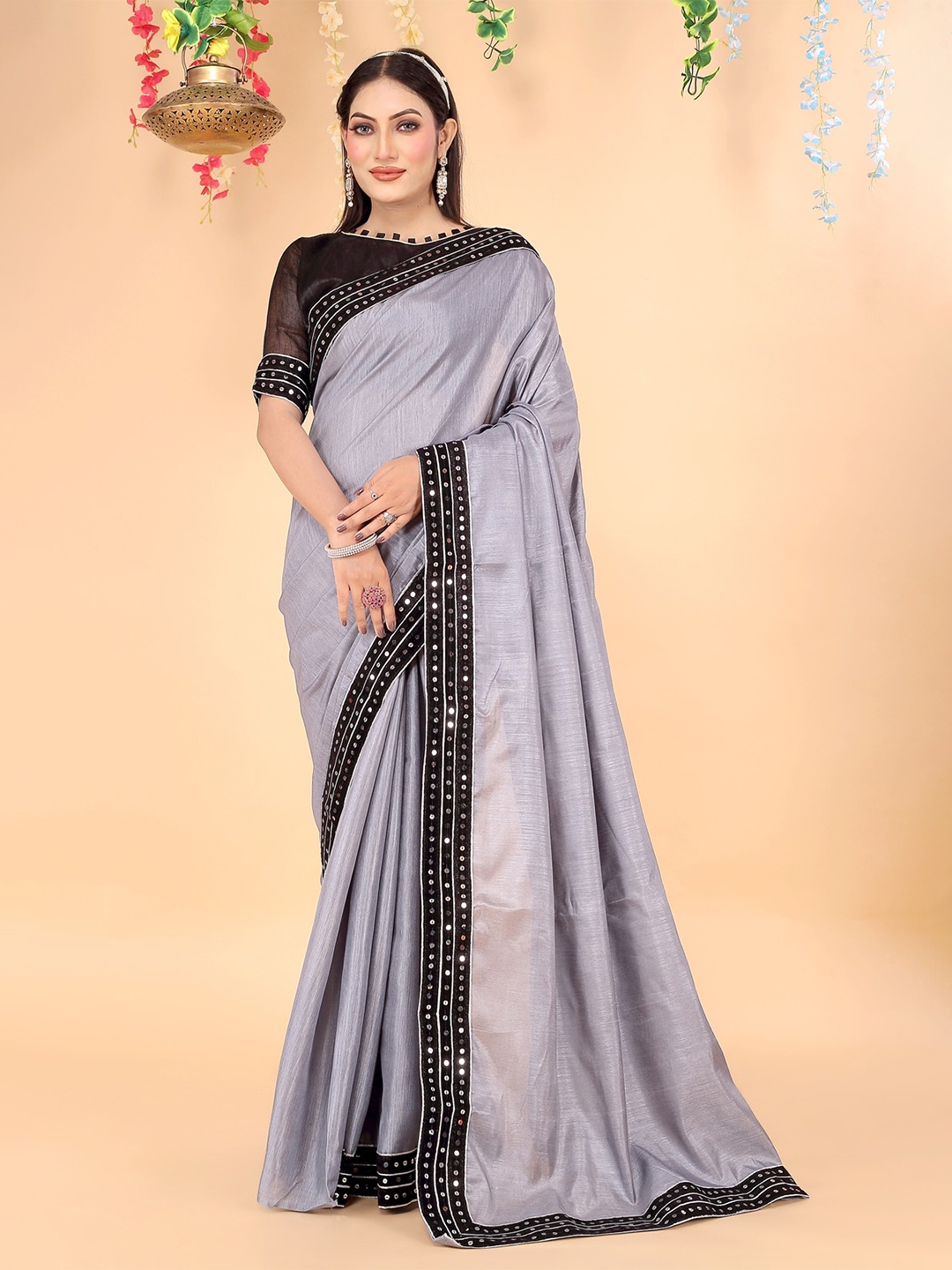 Florence Sequinned Art Silk Saree, Grey