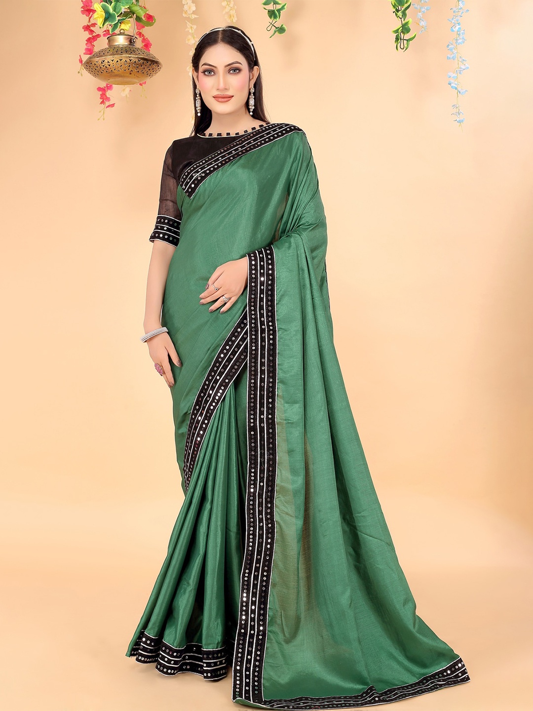 

Florence Sequinned Art Silk Saree, Green