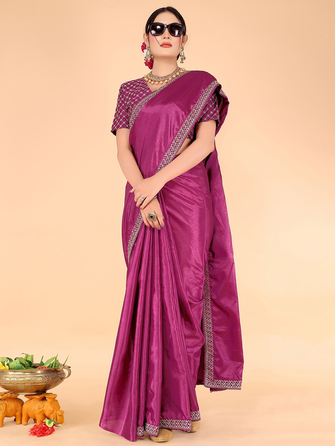 Florence Embroidered Art Silk Saree, Purple