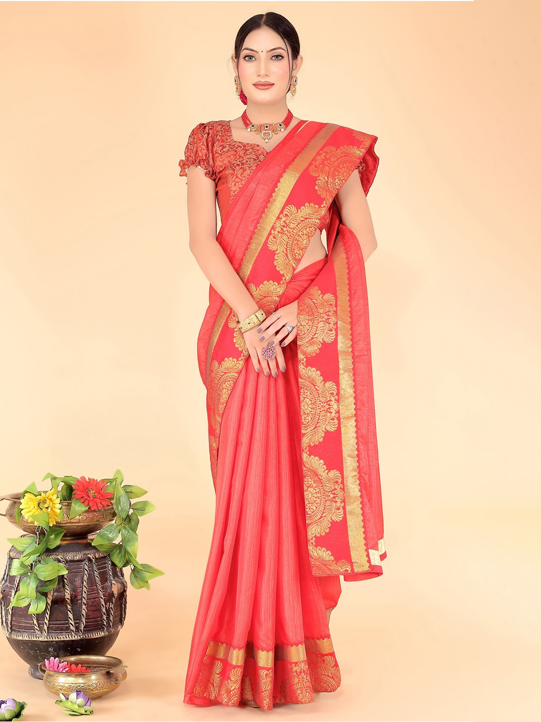 

KALINI Zari Art Silk Saree, Red