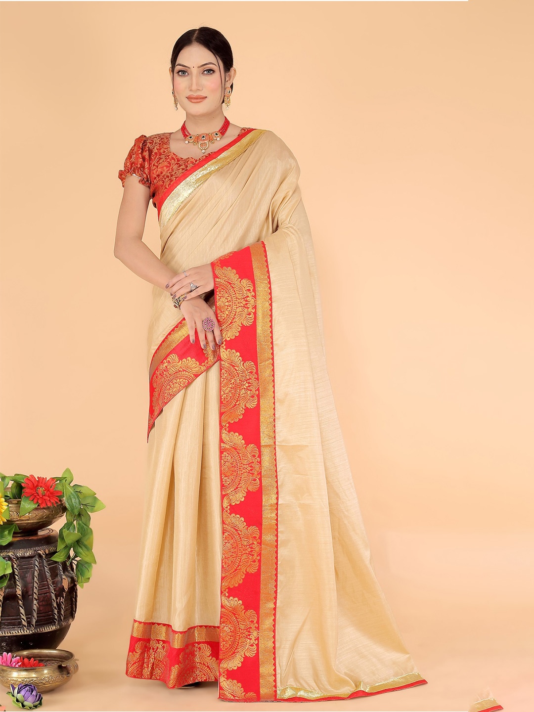 

KALINI Zari Art Silk Saree, Cream
