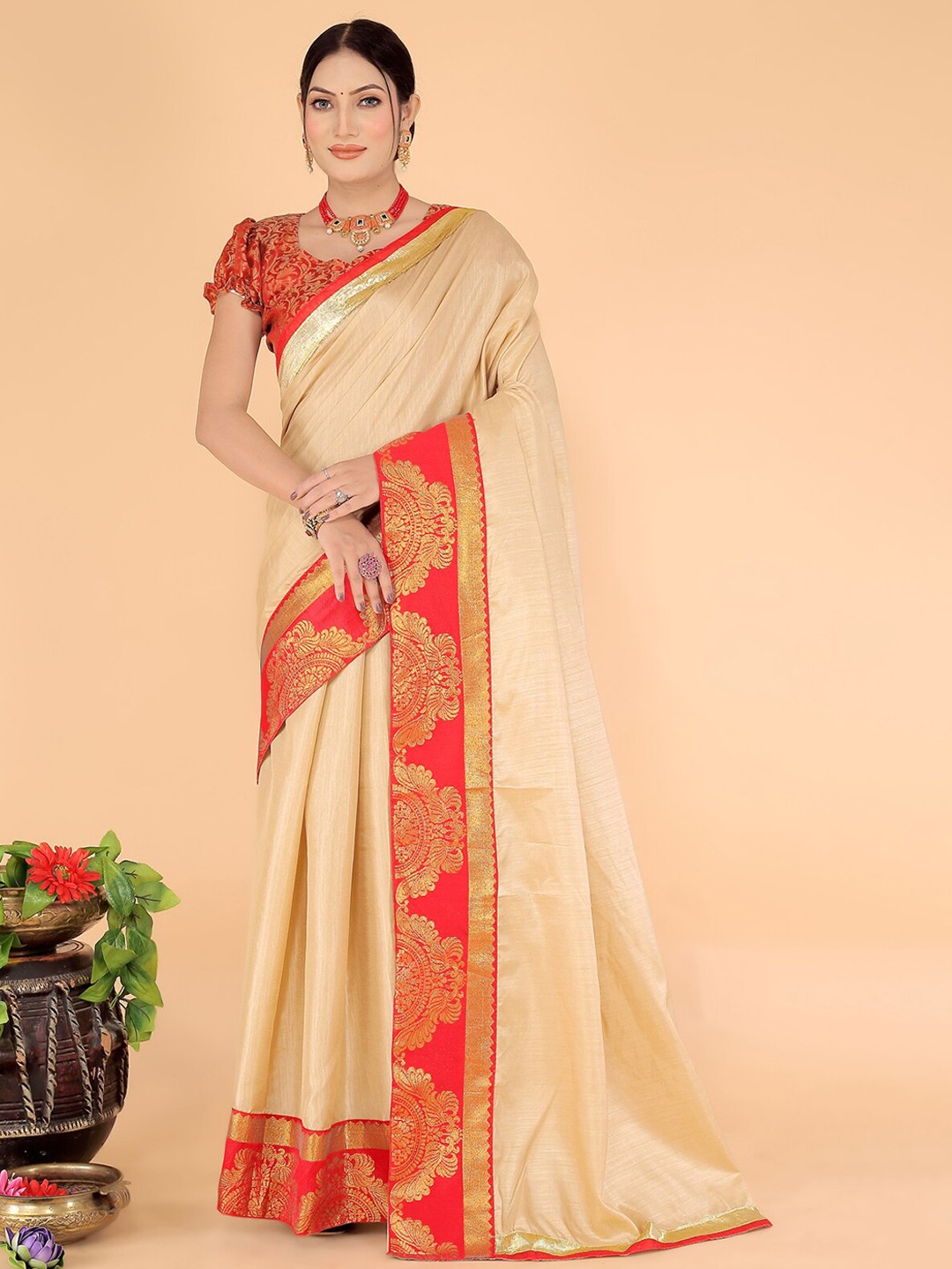 

Florence Woven Design Zari Art Silk Saree, Cream