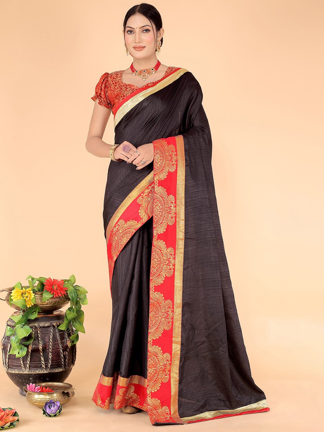 

Florence Woven Design Zari Art Silk Saree, Black