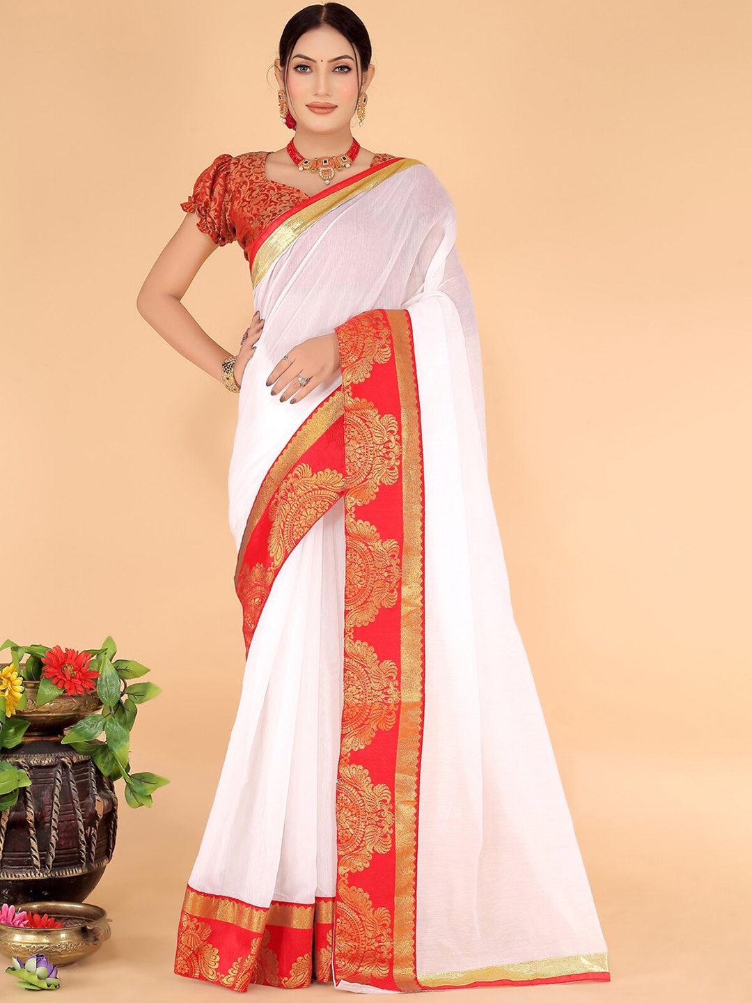 Florence Woven Design Zari Art Silk Saree, White