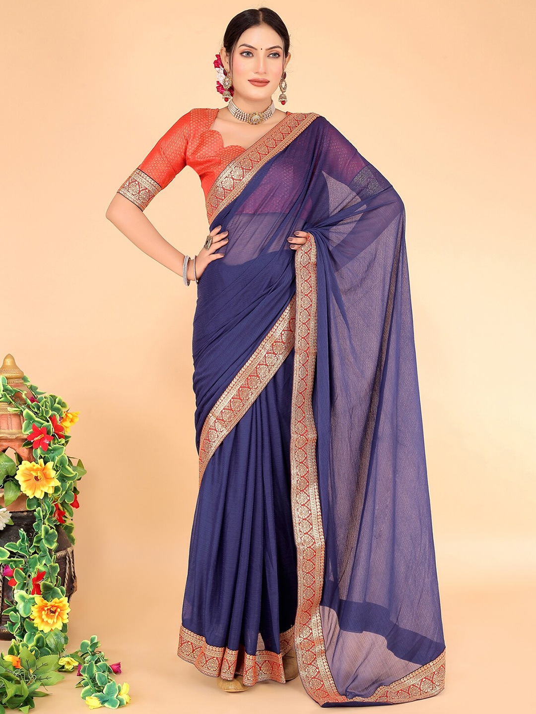 

KALINI Zari Art Silk Saree, Navy blue