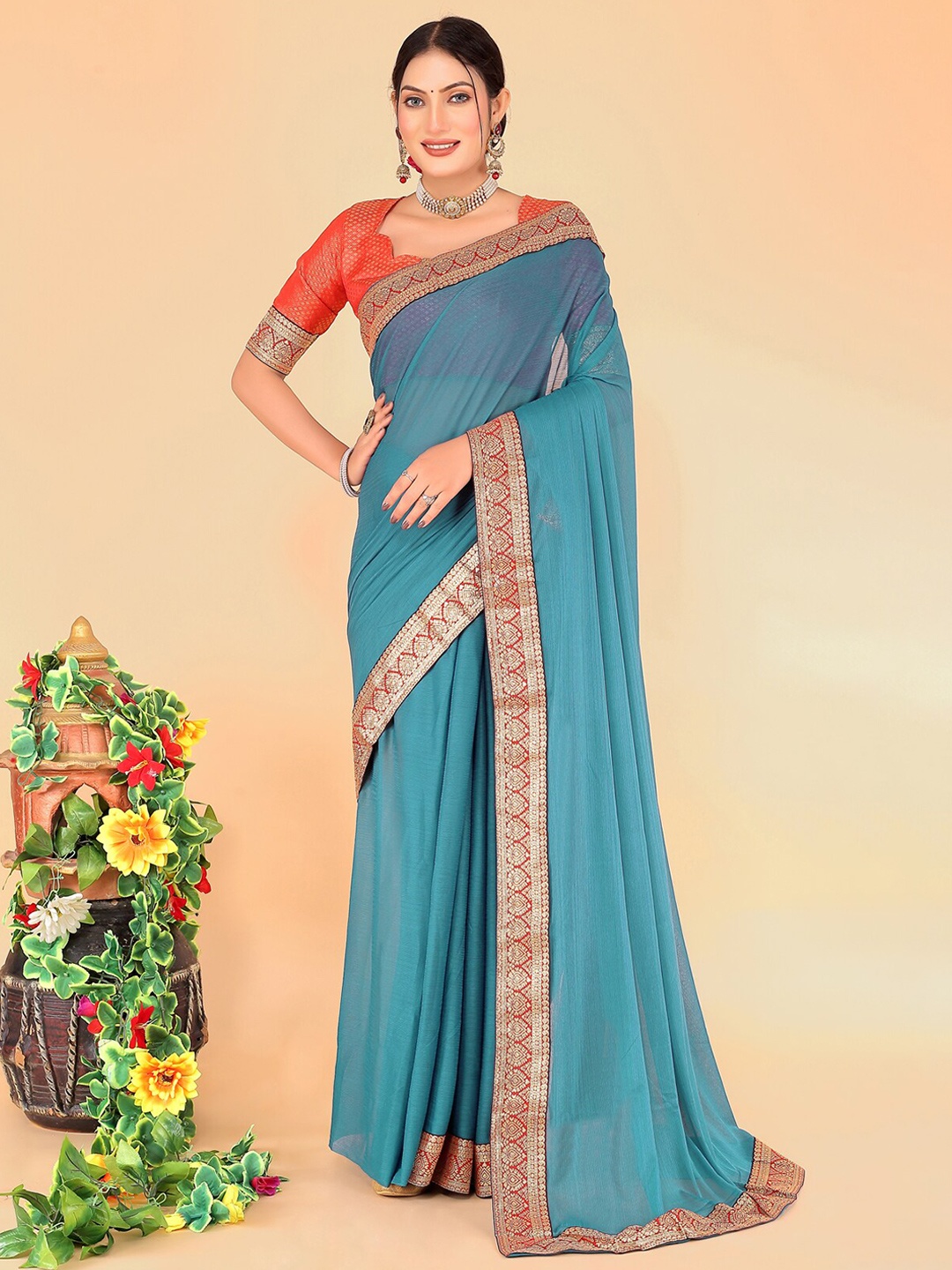 

KALINI Zari Art Silk Saree, Teal