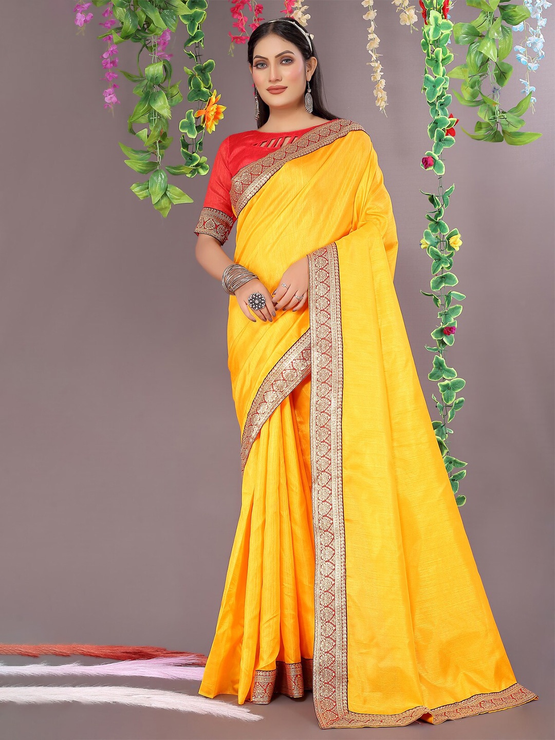KALINI Zari Art Silk Saree, Mustard