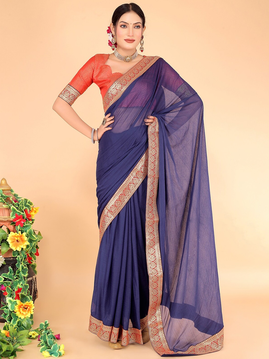 Florence Woven Design Zari Art Silk Saree, Navy blue