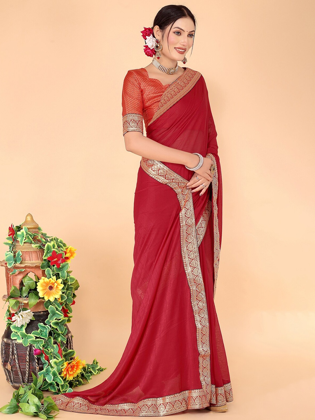 Florence Woven Design Zari Art Silk Saree, Red