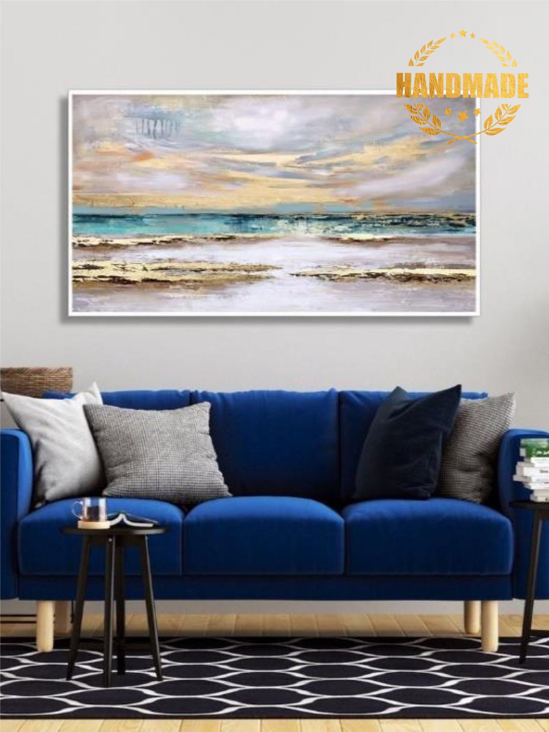 

THE HANDMADE FLAIR White & Blue Abstract Painting Wall Art