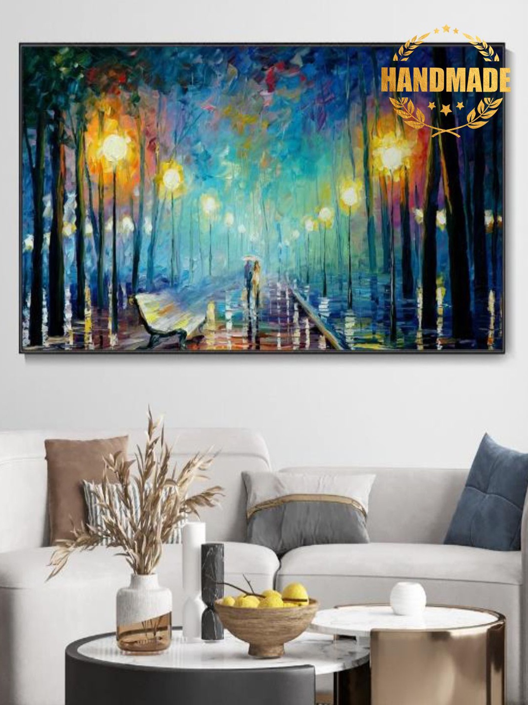 

THE HANDMADE FLAIR Blue & Beige Abstract Painting Wood Ps Frame Wall Art