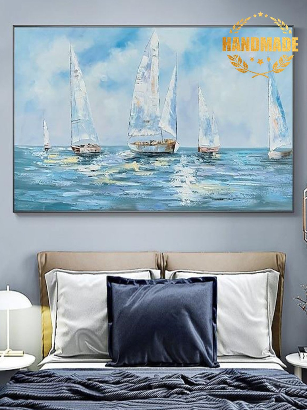 THE HANDMADE FLAIR Blue & White Abstract Painted Wall Art