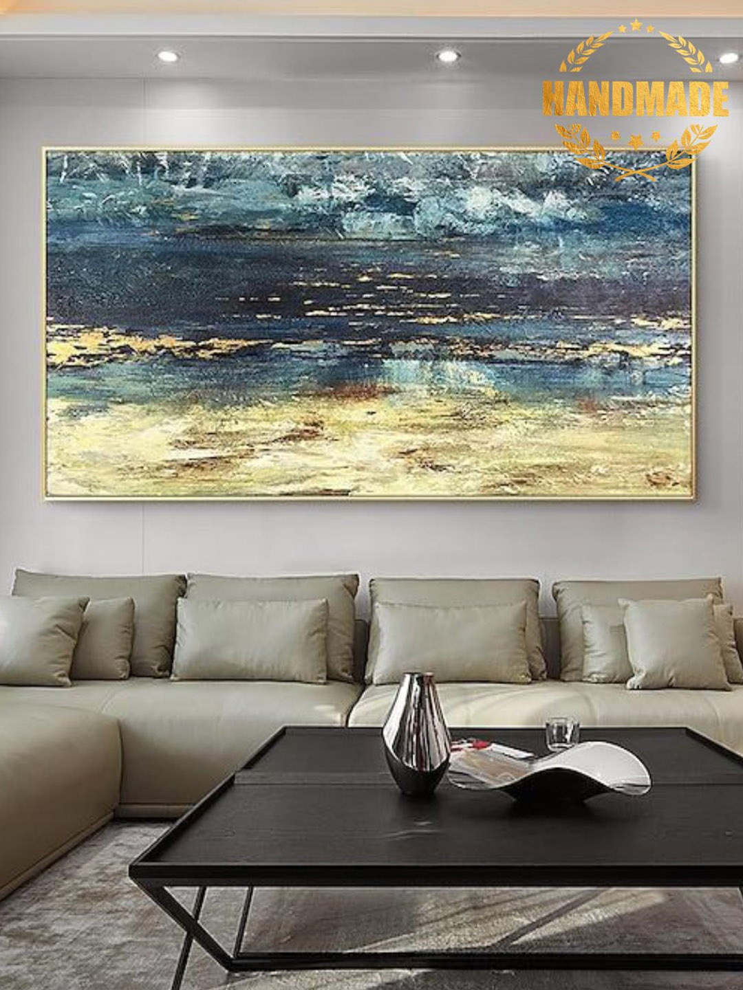 

THE HANDMADE FLAIR Blue & Beige Abstract Painting Framed Wall Art
