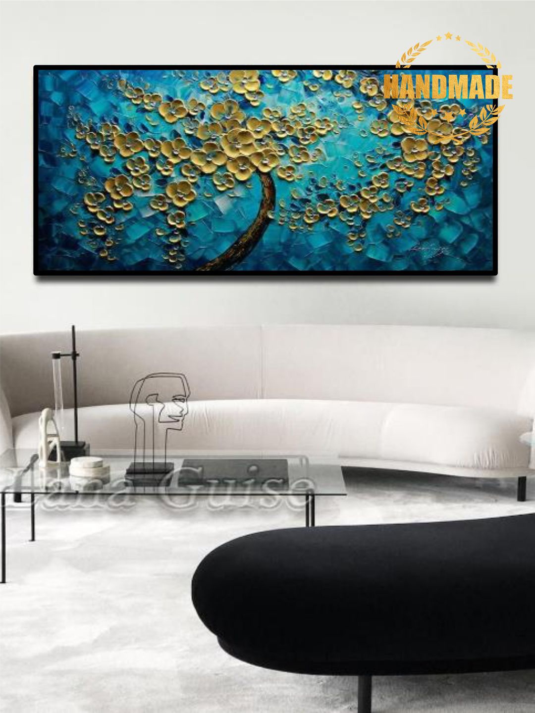 

THE HANDMADE FLAIR Blue & Yellow Abstract Painting Framed Wall Art
