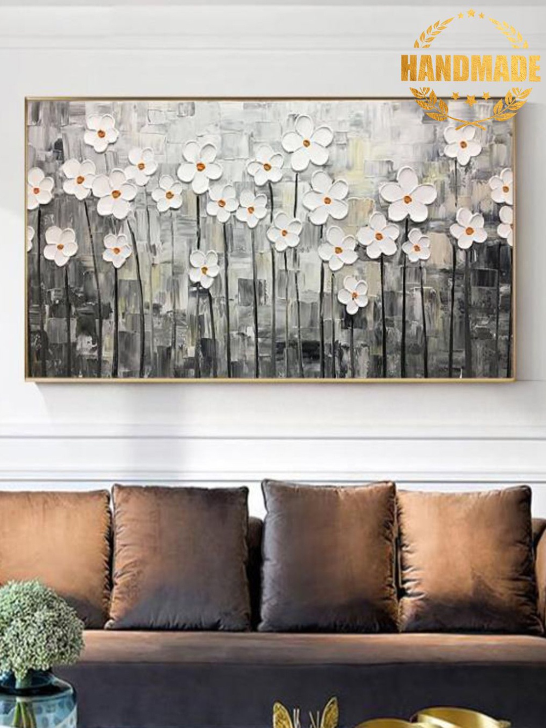 

THE HANDMADE FLAIR Grey & Black Floral Painted Wall Art