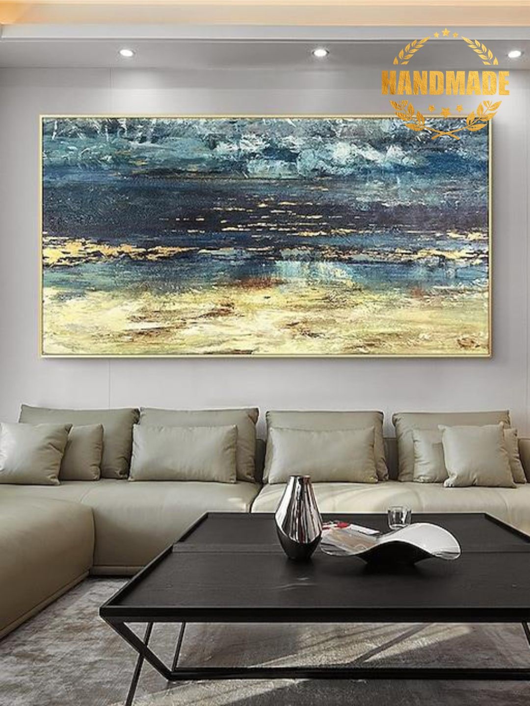 

THE HANDMADE FLAIR Blue & Beige Abstract Framed Painting Wall Art