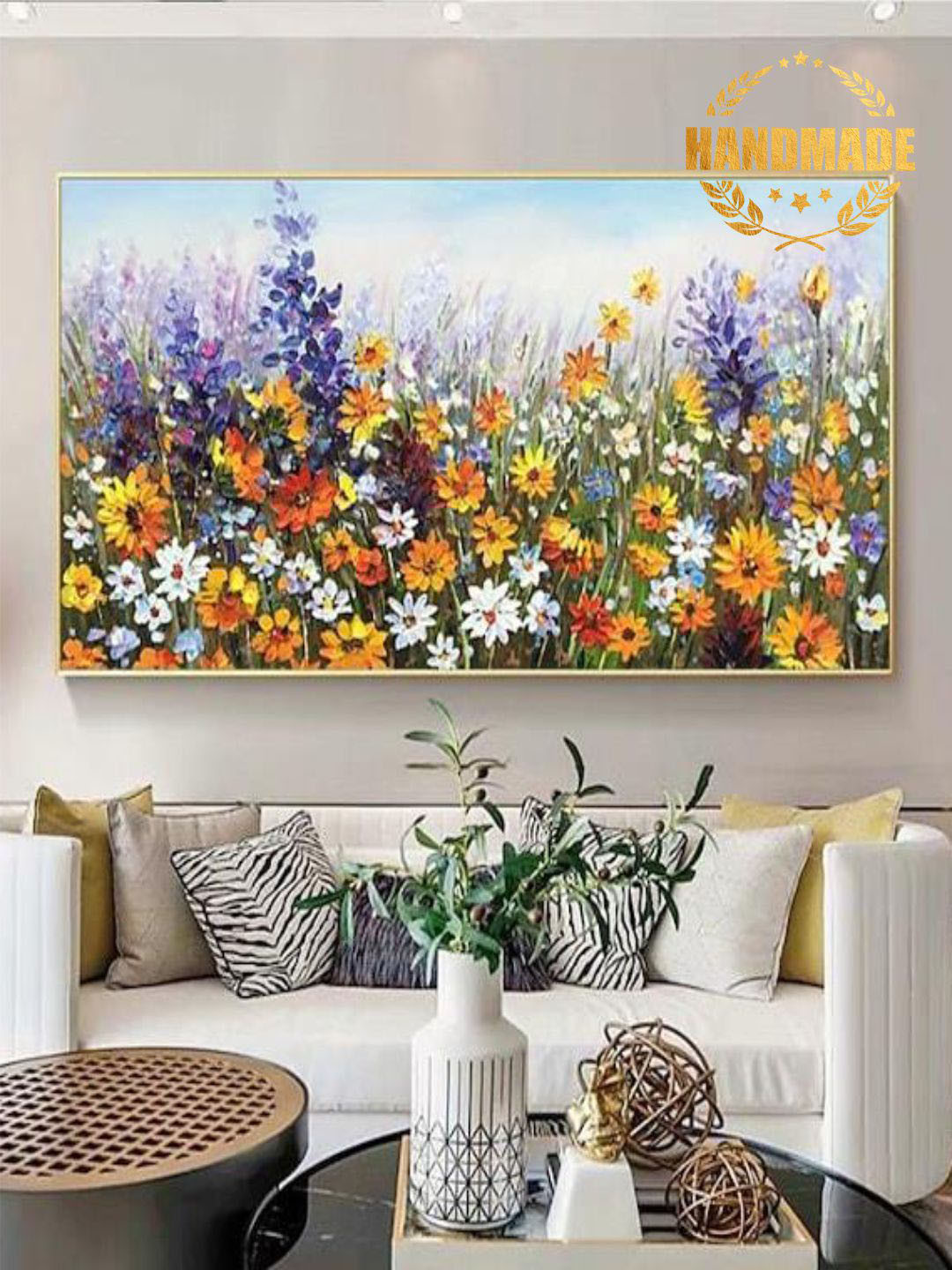 

THE HANDMADE FLAIR Yellow & Blue Floral Painting Wall Art