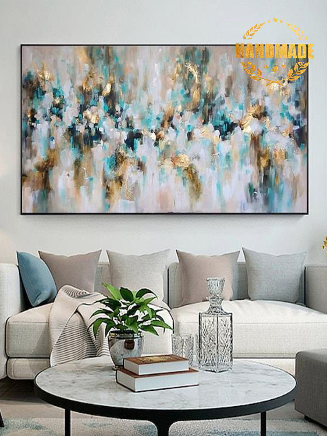 

THE HANDMADE FLAIR Golden & Blue Abstract Handmade Wall Art, Gold