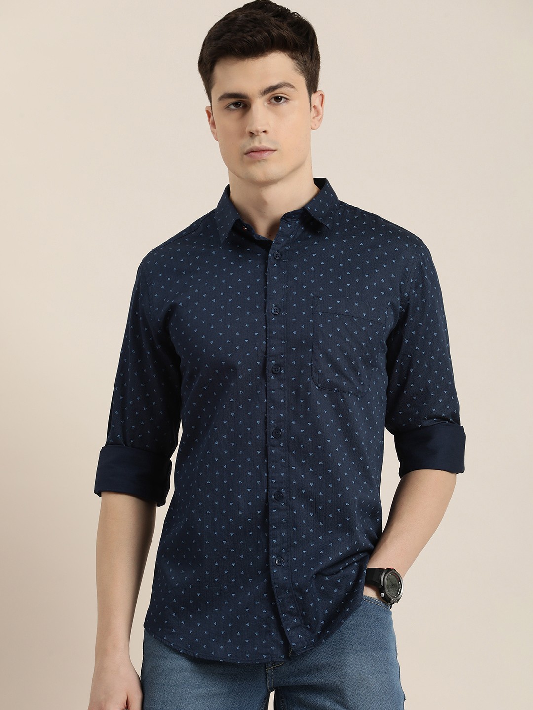 

INVICTUS Slim Fit Printed Pure Cotton Casual Shirt, Navy blue