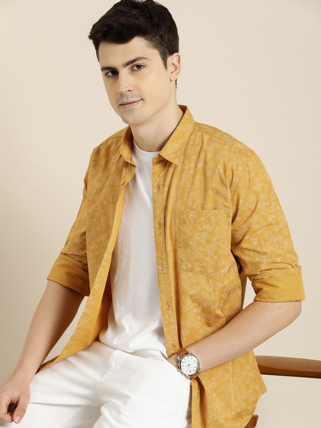 

INVICTUS Slim Fit Floral Printed Pure Cotton Casual Shirt, Mustard
