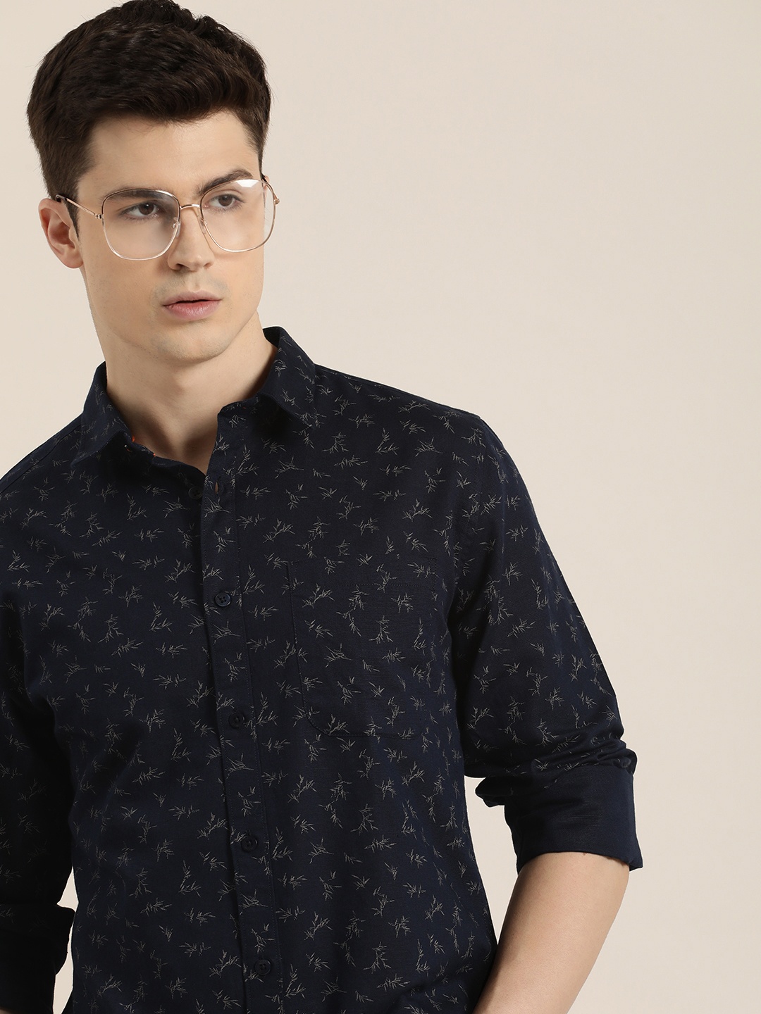 

INVICTUS Slim Fit Printed Pure Cotton Casual Shirt, Navy blue