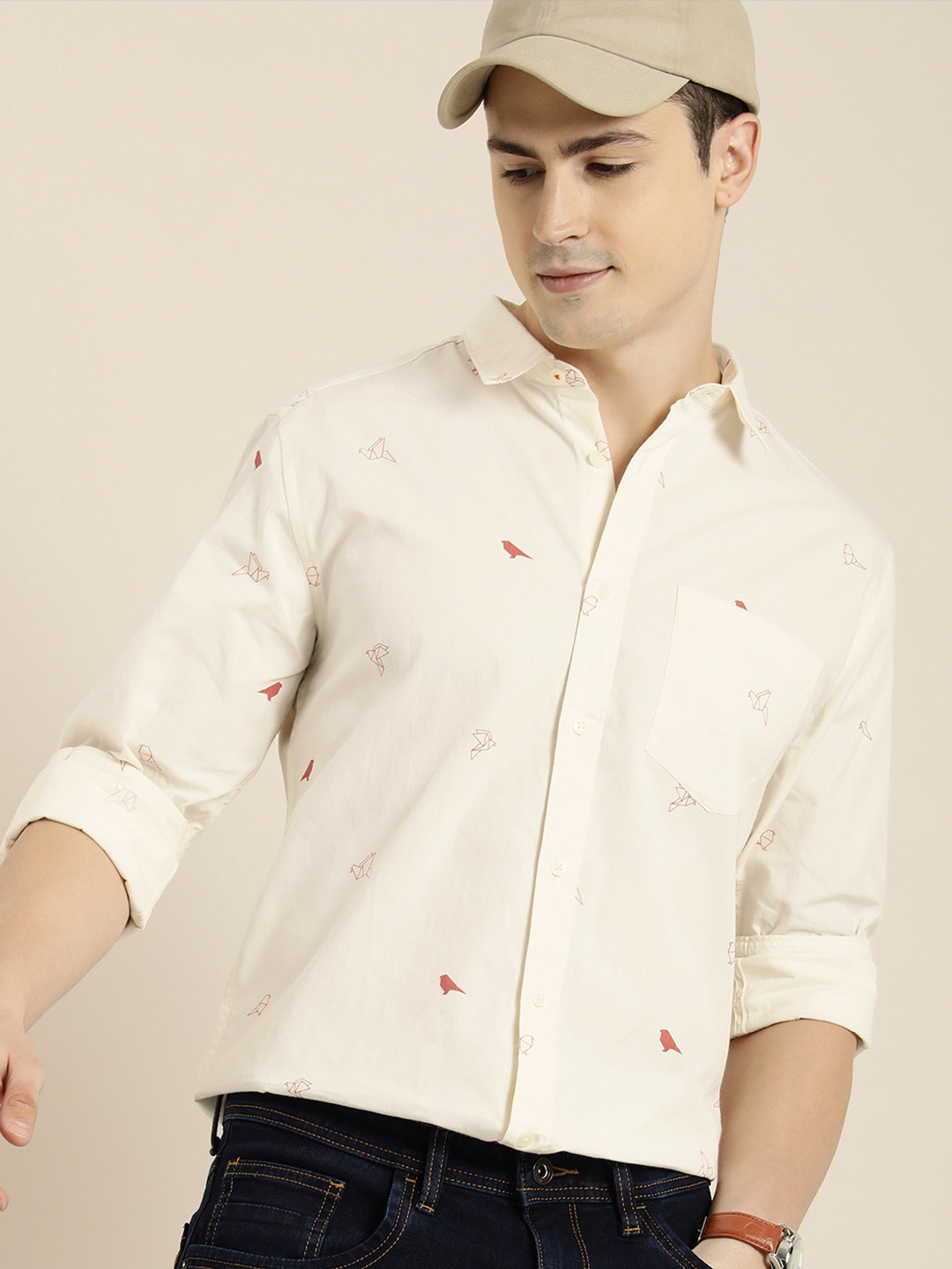 

INVICTUS Slim Fit Geometric Printed Pure Cotton Casual Shirt, Off white