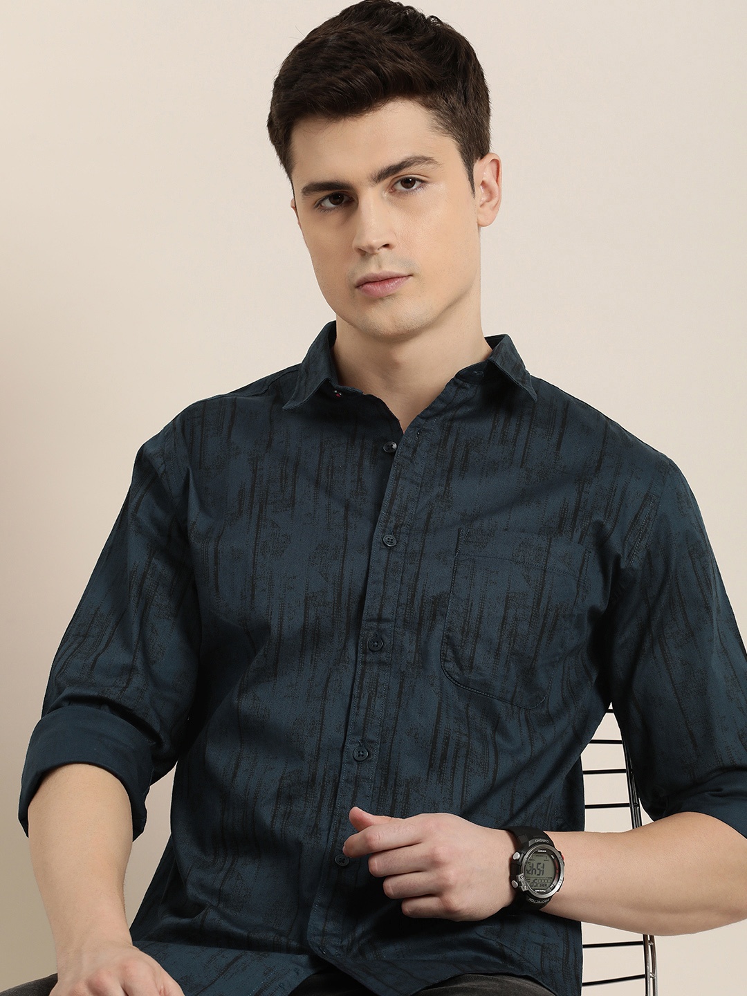 

INVICTUS Slim Fit Printed Pure Cotton Casual Shirt, Navy blue