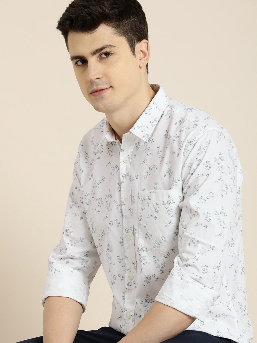 

INVICTUS Slim Fit Floral Printed Pure Cotton Casual Shirt, White