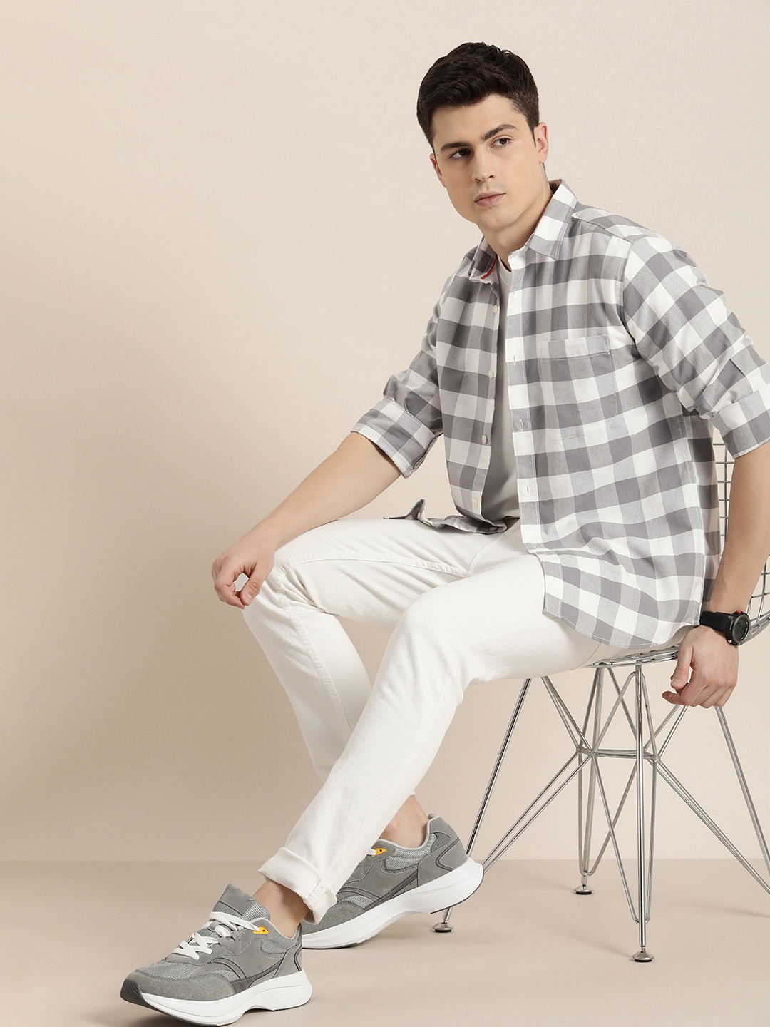 

INVICTUS Slim Fit Buffalo Checks Pure Cotton Casual Shirt, Grey
