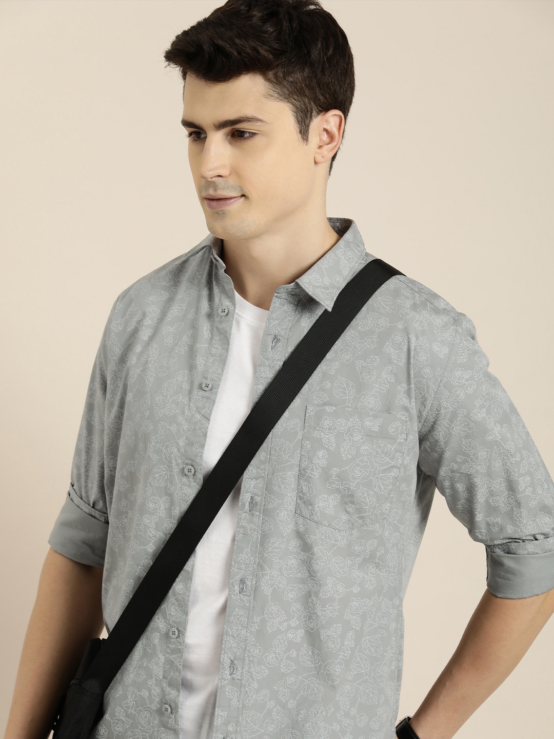 

INVICTUS Slim Fit Floral Printed Pure Cotton Casual Shirt, Grey