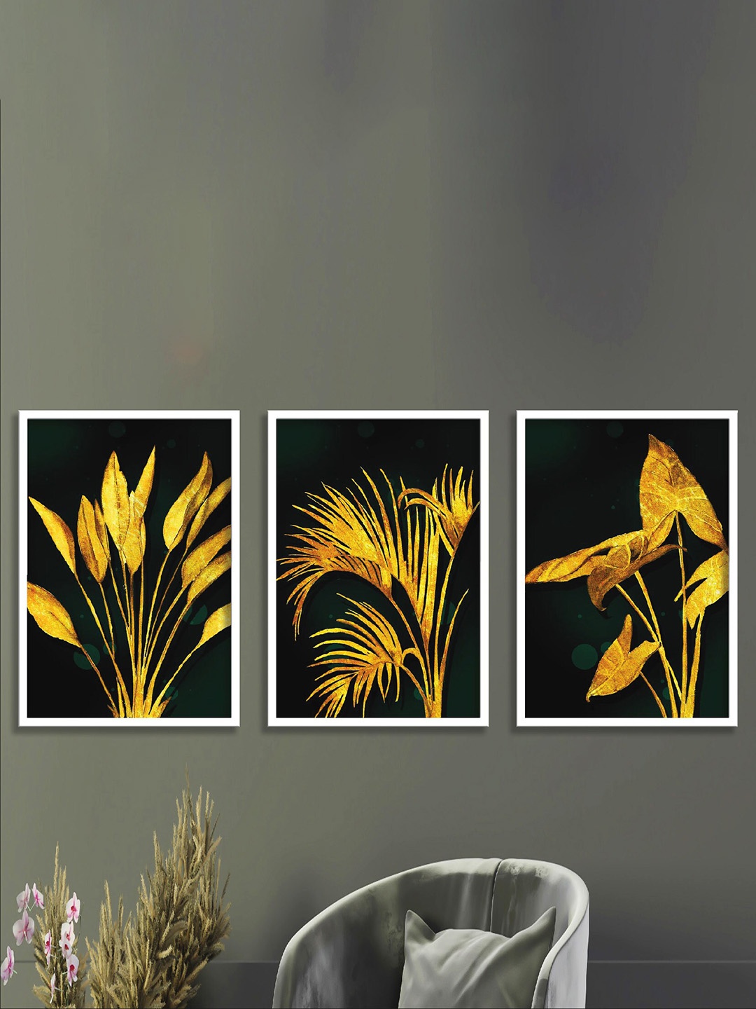 

SAF 3-Pcs Black & Yellow Leaves Printed Wall Art