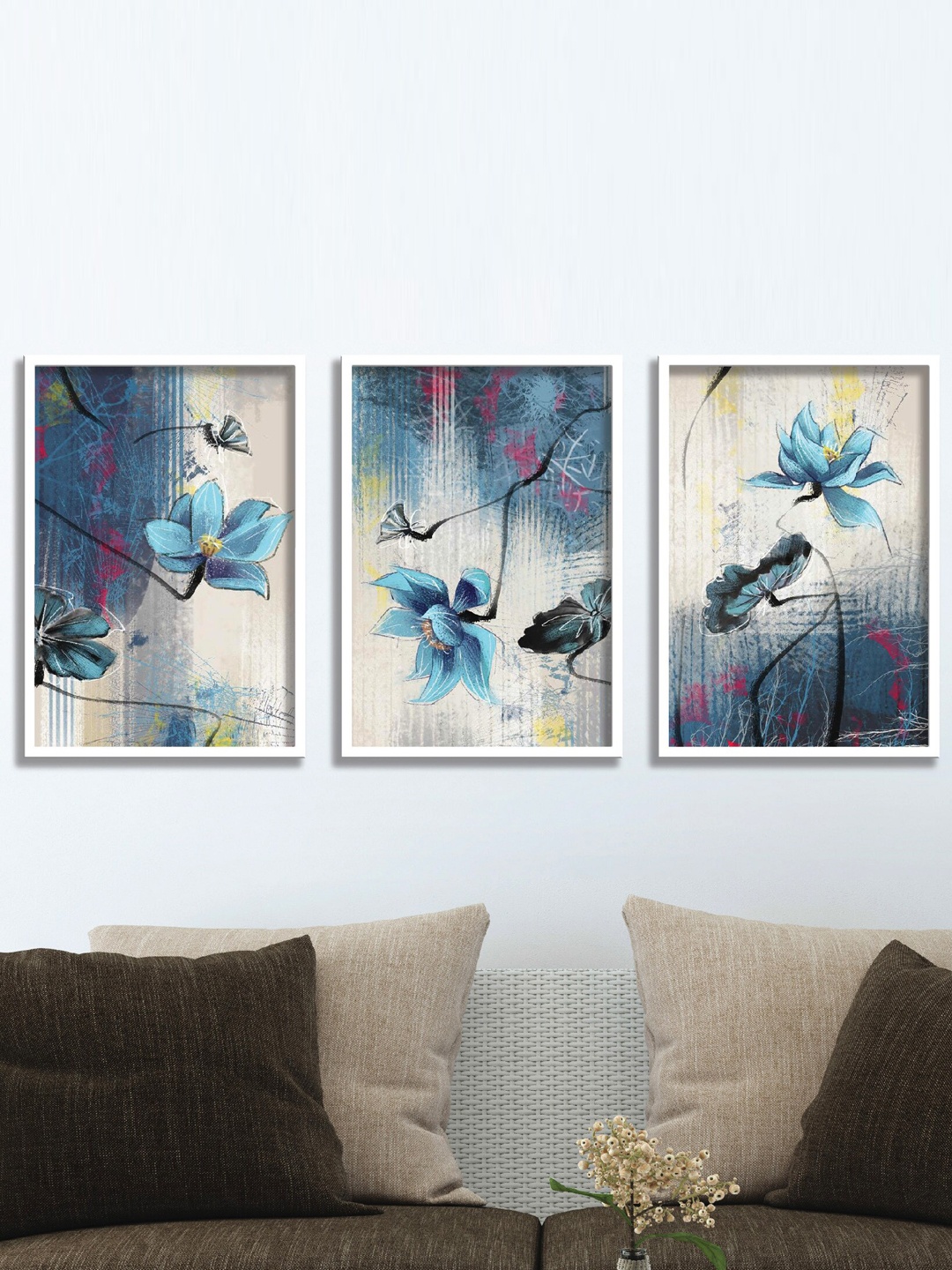 

SAF 3-Pcs Blue & Beige Floral Art Printed UV Coating Wall Painting