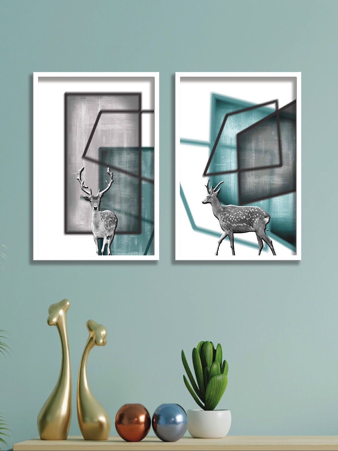 

SAF 2 Pcs White & Blue Abstract Framed Painting Wall Art