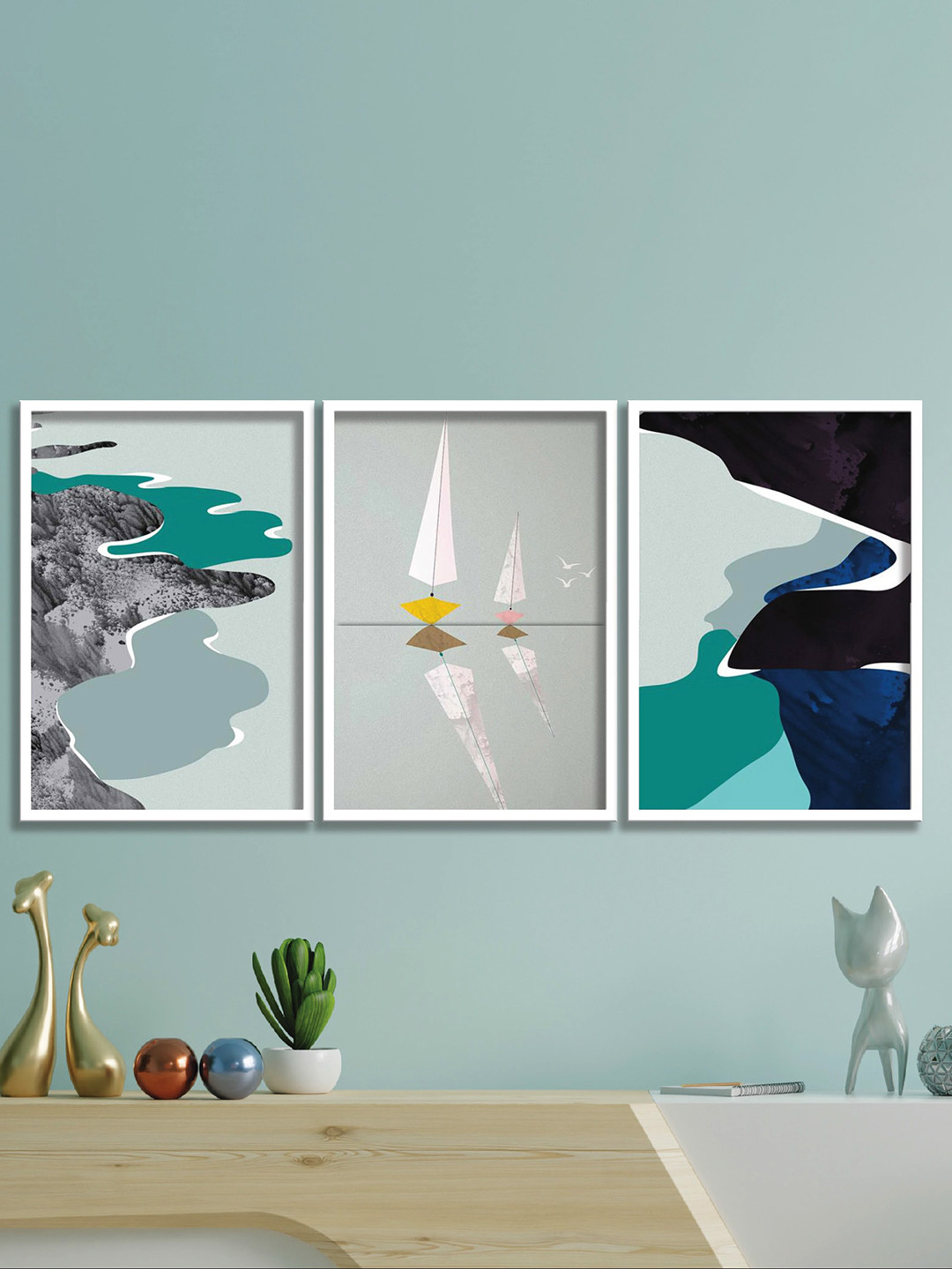

SAF 3 Pcs White & Blue Modern Art Wall Art, Grey