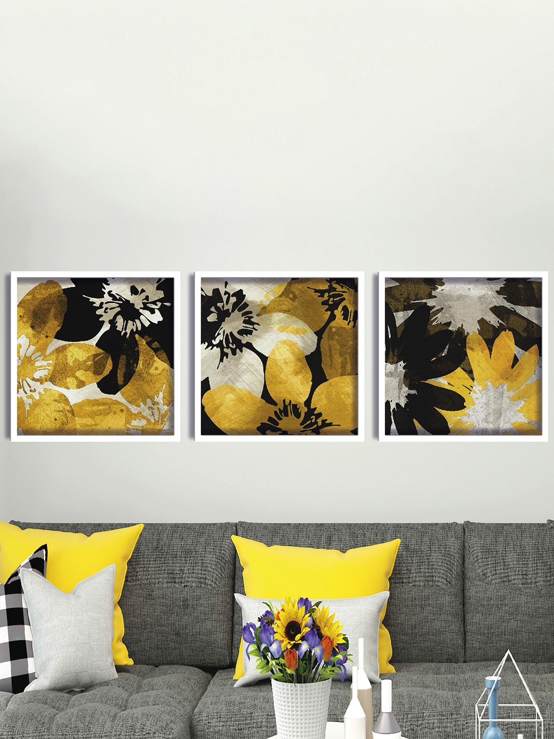 

SAF Set of 3 Pcs Yellow & Black Floral Printed Wall Art