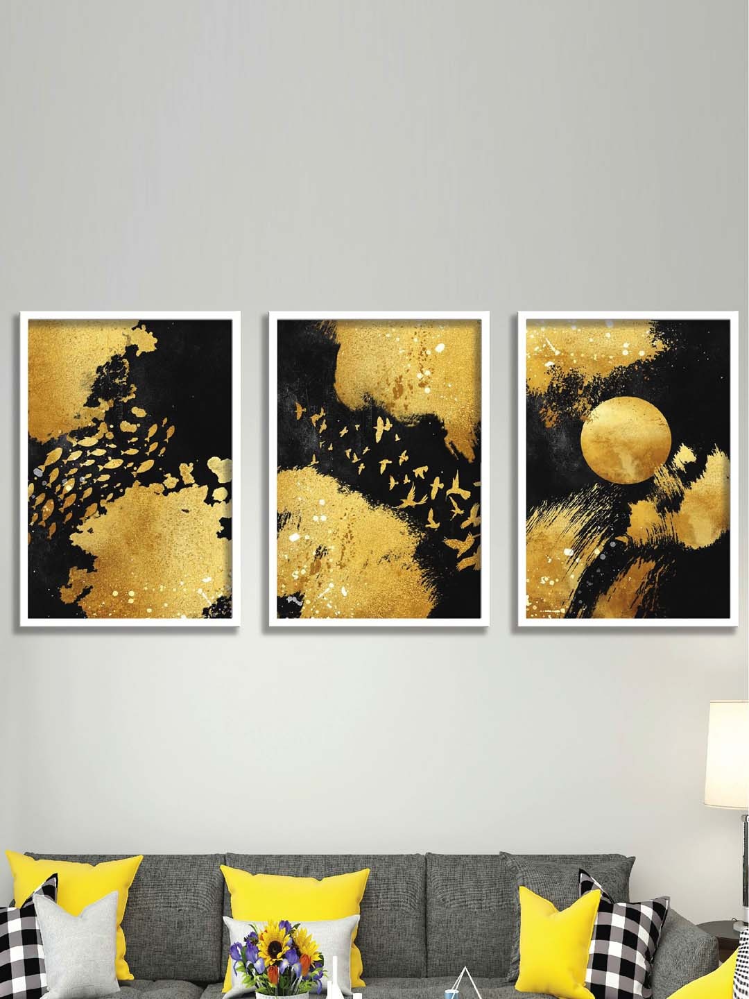 

SAF 3 Pieces Yellow & Black Abstract Painting Wall Art