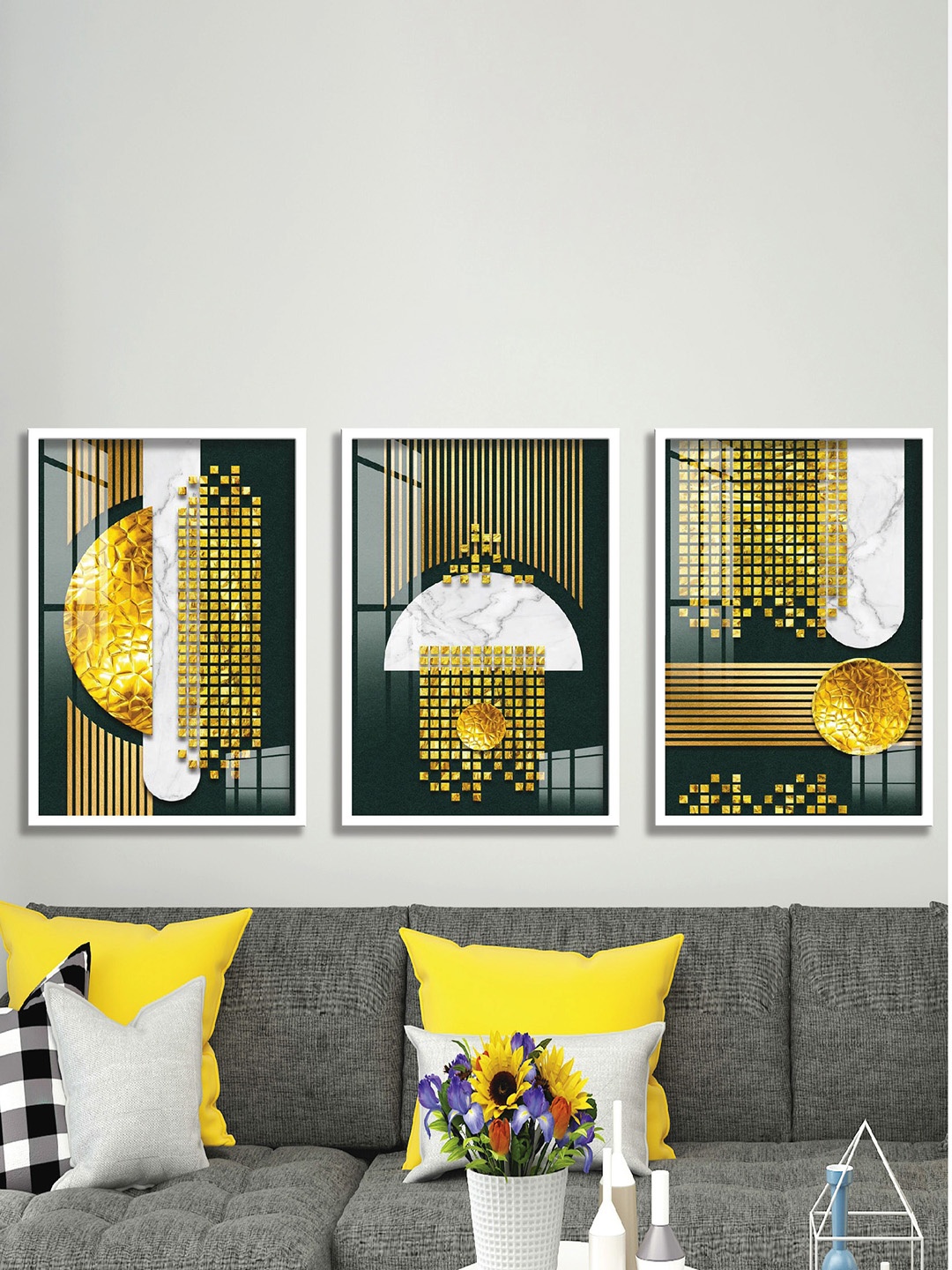 

SAF 3 Pcs White & Black Abstract Printed Framed Wall Painting