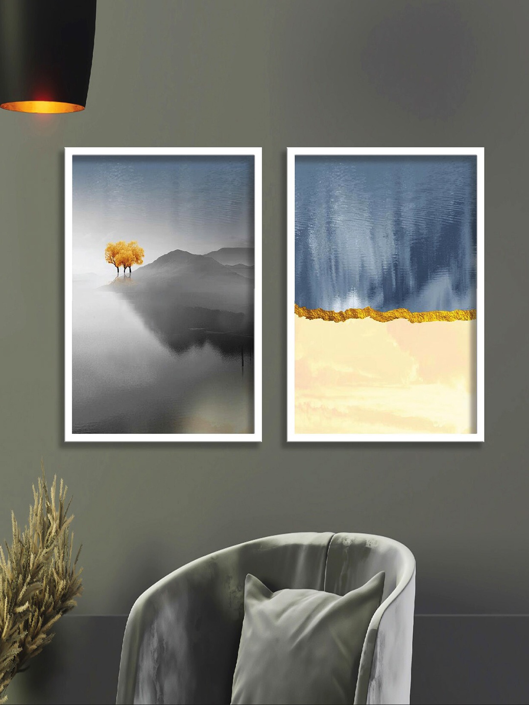 

SAF 2-Pcs White & Blue Abstract Painted 300 GSM Paper Wall Art