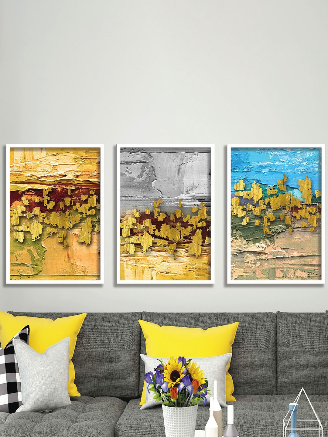 

SAF 3-Pcs Yellow & Blue Abstract Painting Framed Wall Art