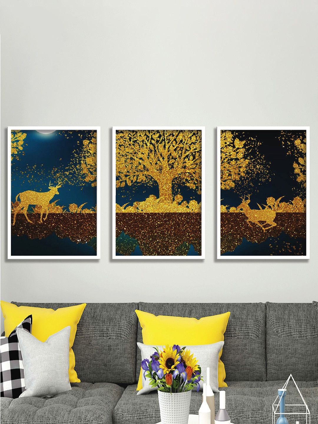 

SAF Blue & Yellow 3-Pieces Nature Art Printed Framed Wall Art