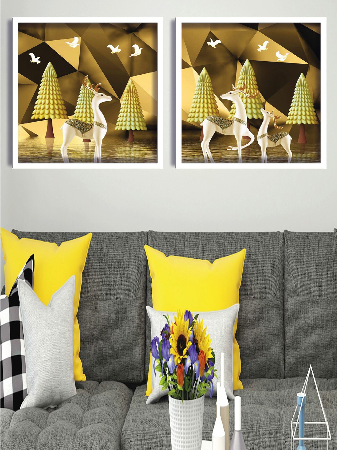 

SAF Brown & White 2-Pieces Deer Printed Framed Wall Art